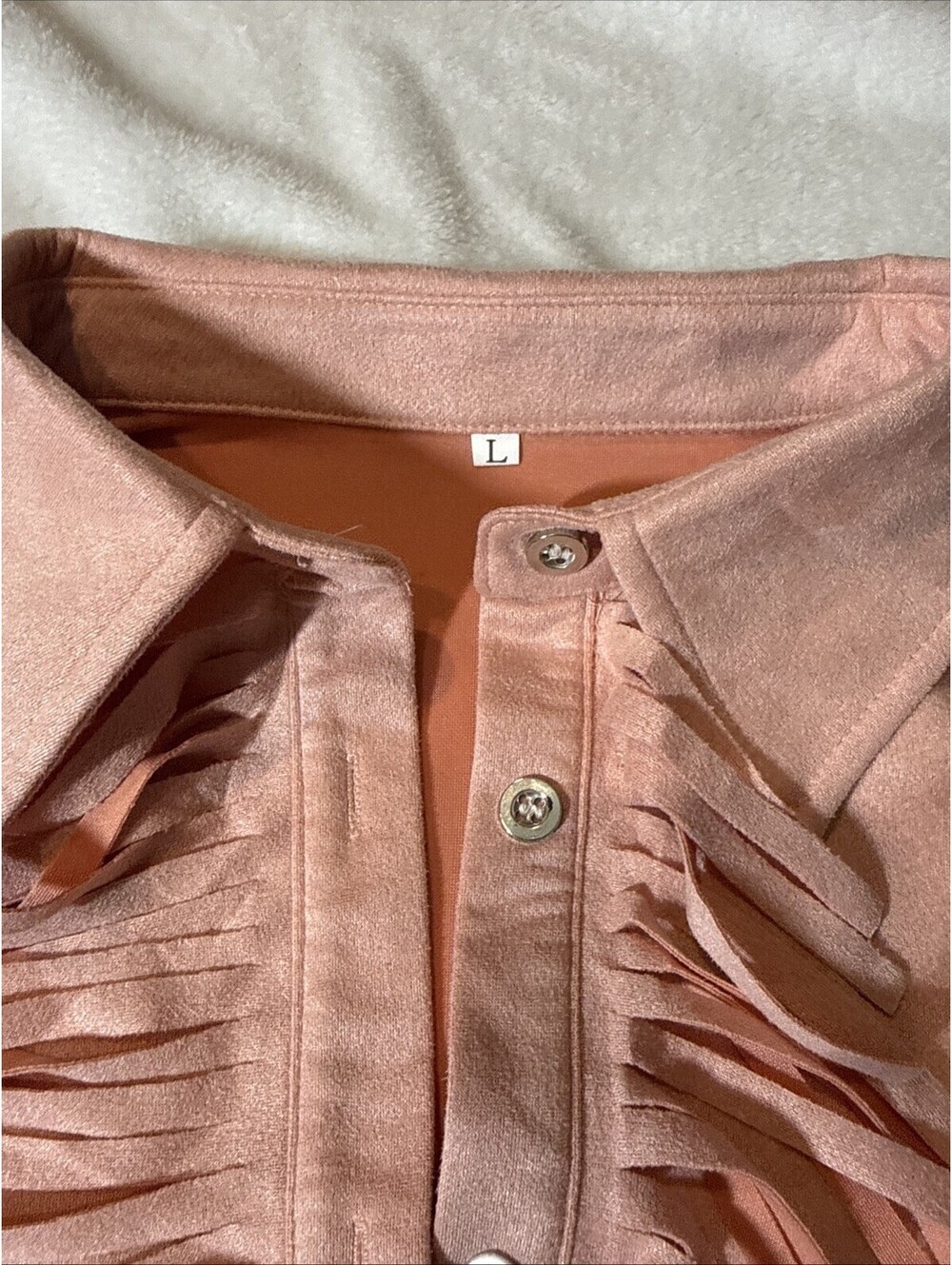 Freiheit Fringe Out Jacket Shirt sz L Pink Faux Suede (2133) - Picture 6 of 9